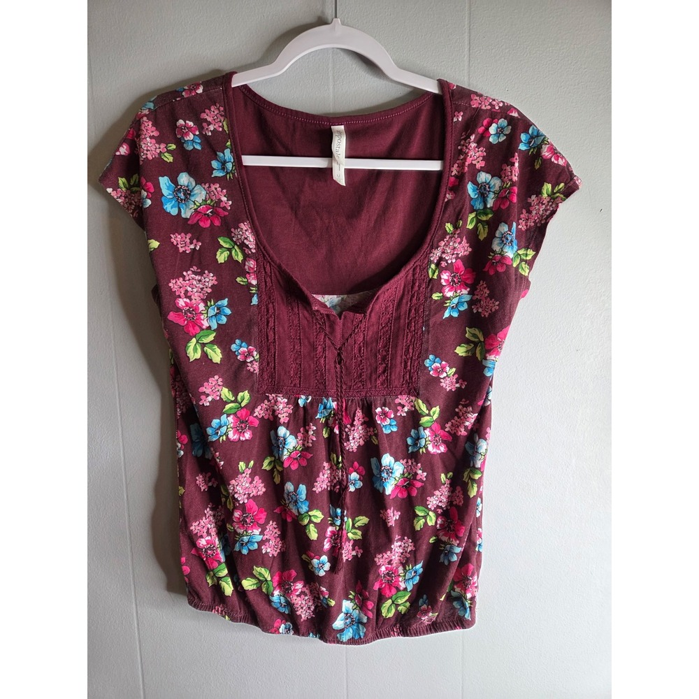 Aeropostale Womens Floral Lace Trim Scoop Neck Short Sleeve Blouse Burgundy M